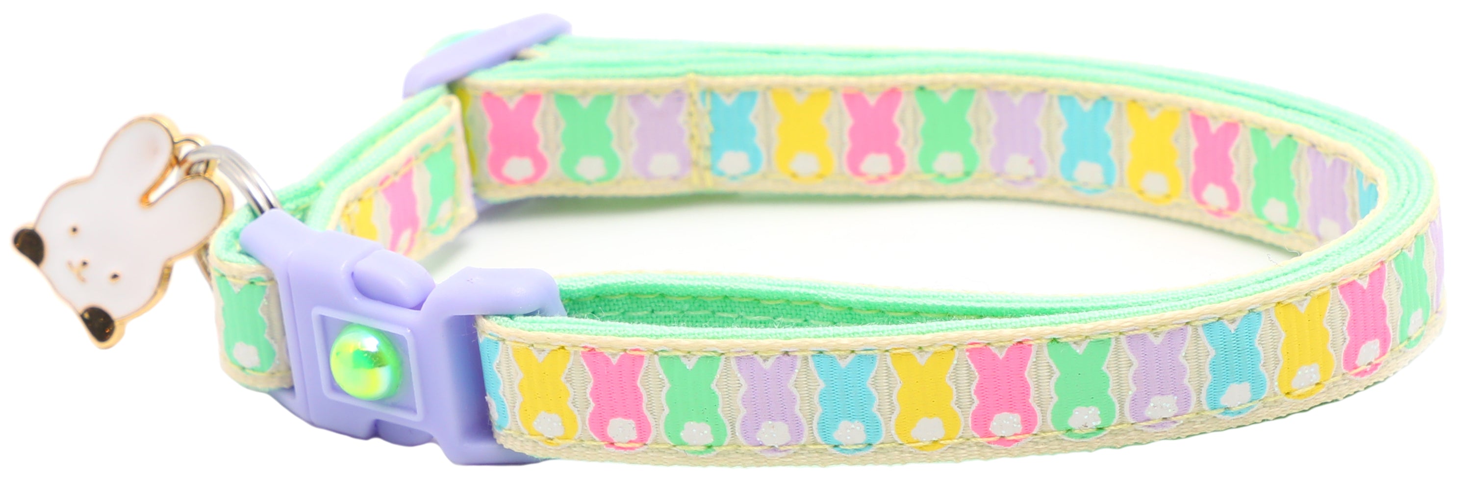 A colorful Marshmallow Easter Bunnies Breakaway Cat Collar featuring cute bunny designs, made from reinforced cotton with a breakaway clip.
